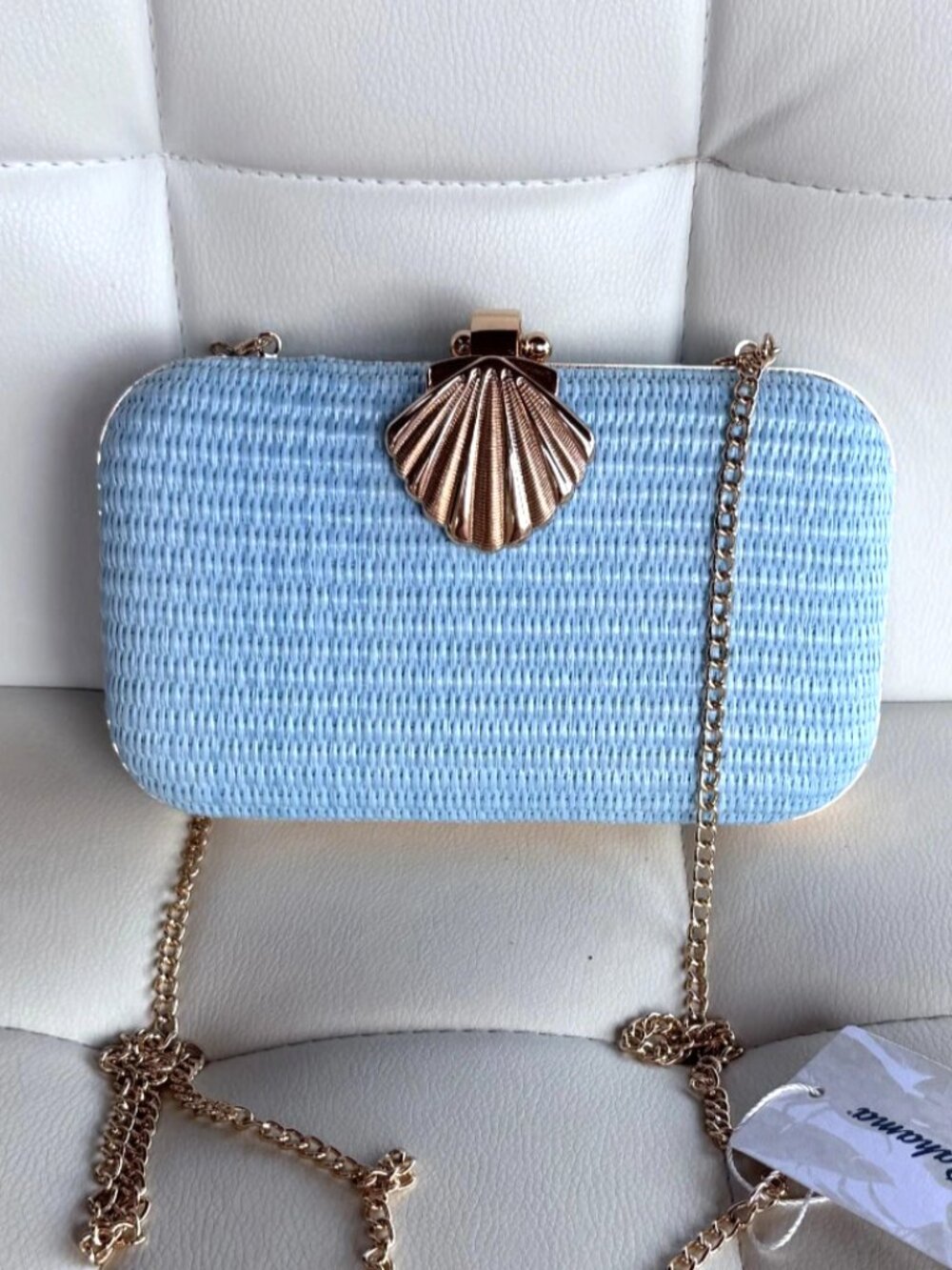 Tommy Bahama Blue Shell Straw Minaudière Clutch Gold Chain NWT